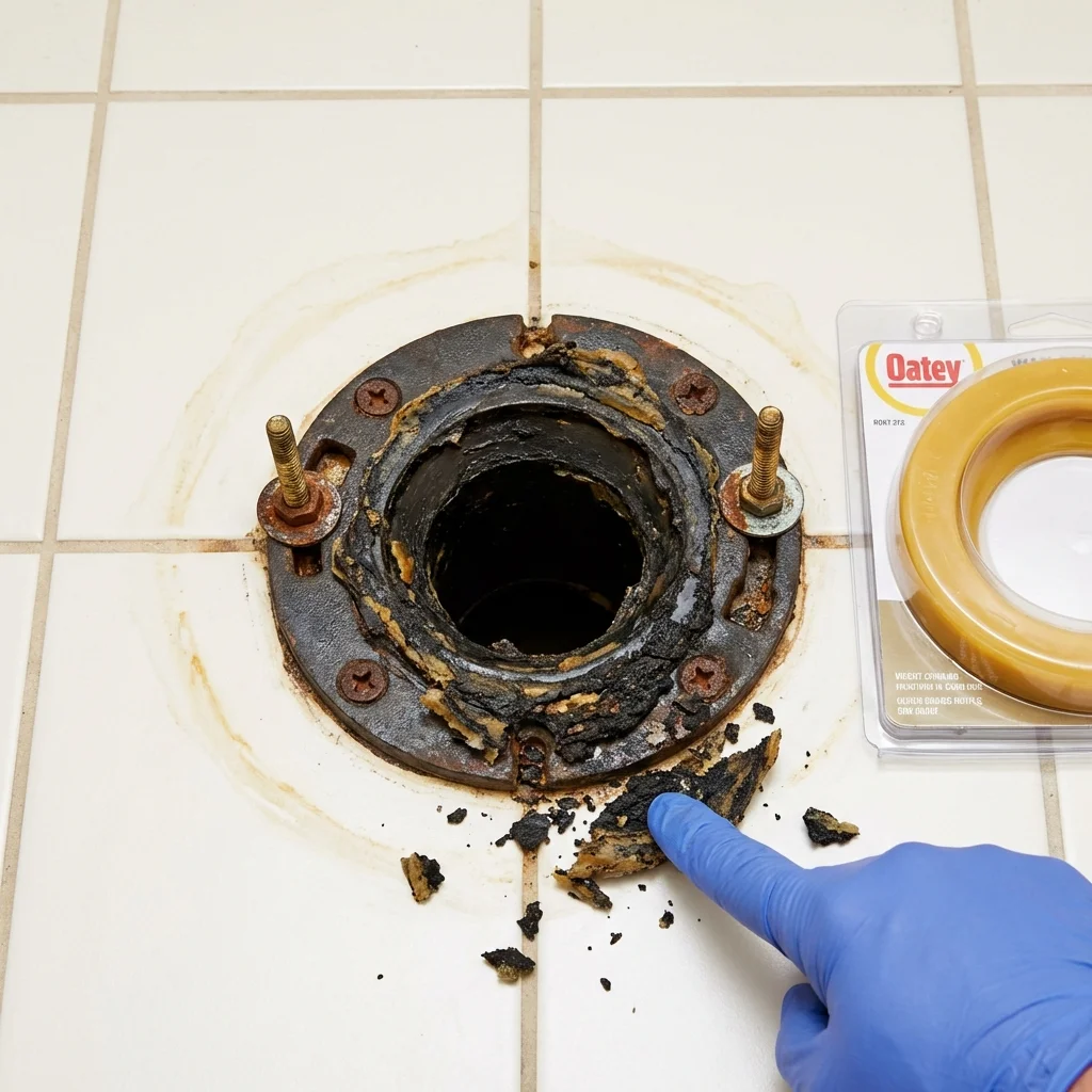 Failed wax ring showing water seepage at the base of a toilet in a Gretna, VA home