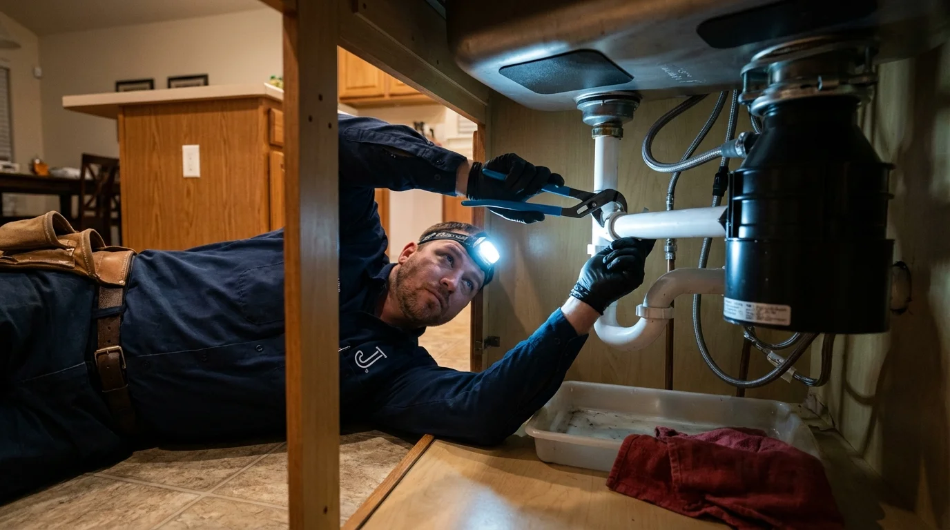 P-trap and supply line connections under a kitchen sink showing a common leak point in Gretna, VA